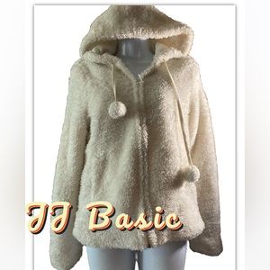 JJ Basics Womens Cream White Furry Pom Pom Hoodie Sweatshirt L Large